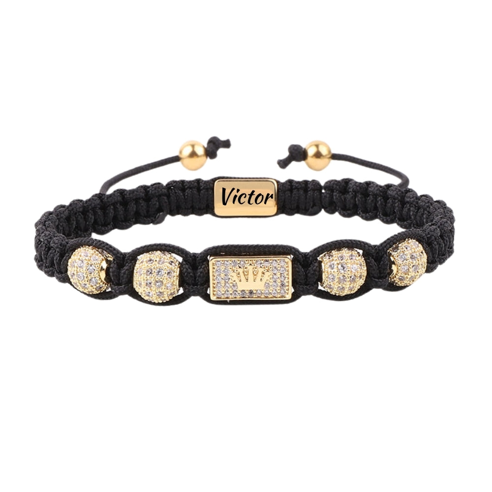 Brățară Premium din Șnur Negru cu Coroană Regală Aurie și Pietre Zirconiu, placată cu aur 14K, pentru Bărbați